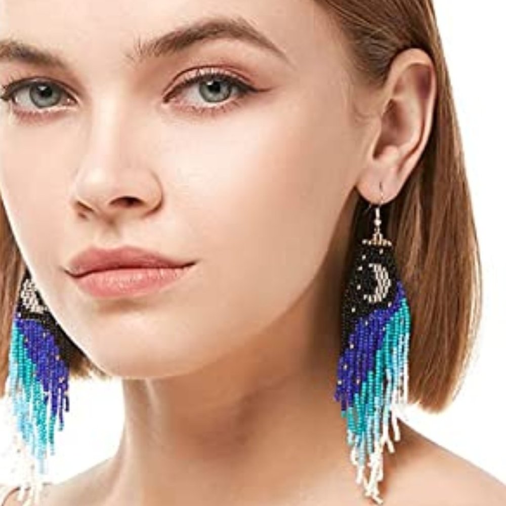 Crescent Moon Night Long 5" Earrings Handmade Beaded Oversized Blue Black